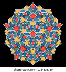 Islamic pattern. Geometric lattice mandala in arabic style. Oriental ornament. Mosque decoration element. Muslim mosaic. Arabesque.  Coloring book page. Persian, moroccan motifs.