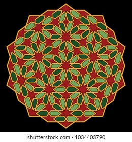 Islamic pattern. Geometric lattice mandala in arabic style. Oriental ornament. Mosque decoration element. Muslim mosaic. Arabesque.  Coloring book page. Persian, moroccan motifs.