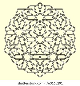 Islamic pattern. Geometric lattice mandala in arabic style. Oriental ornament. Mosque decoration element. Muslim mosaic. Arabesque.  Coloring book page. Persian motifs.