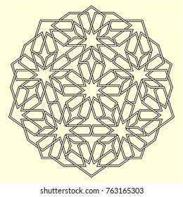 Islamic pattern. Geometric lattice mandala in arabic style. Oriental ornament. Mosque decoration element. Muslim mosaic. Arabesque.  Coloring book page. Persian motifs.