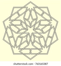 Islamic pattern. Geometric lattice mandala in arabic style. Oriental ornament. Mosque decoration element. Muslim mosaic. Arabesque.  Coloring book page. Persian motifs.