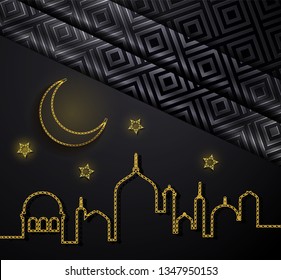 Islamic pattern on colorful backdrop. Ramadan kareem greeting card, banner. Ramadan kareem greeting ornament pattern background.  Paper cut  moon and stars on black background. 