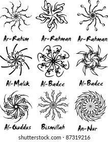 Islamic pattern / ornament vector / zukhruf set and collection designed  from attributes of Allah (Asmaul Husna) using moalla / diwani / nastalliq arabic calligraphy style