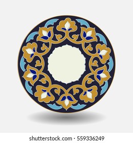 Islamic pattern. Uzbek ceramic plate. Circle vector frame