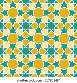 Islamic pattern vector. Seamless traditional eastern style. Yellow and green octagonal star ornament for textile and linen. Ramadan Kareem pattern.