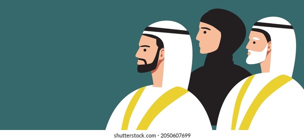 Islamische Leute, Kopiere eine Weltraumvorlage. Flache Vektorgrafik. Die Religion ist der Islam. Leute in traditionellem Kleid, arabischer Scheik. Hintergrund für Overlay. Illustration mit Platz für Text