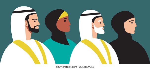 Islamic people, religion Islam. Flat vector stock illustration. People in religious clothes, dishdasha, gandura, hijab. The national denomination is Catholicism. Arab sheikh profess Islam