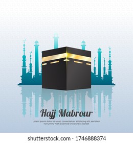 Antecedentes islámicos de peregrinación con Kaaba y cielo azul. El concepto de Hajj Mabrour para cartel, afiche o tarjeta de saludo