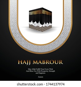 Islamic pilgrimage hajj background, arabic calligraphy with gold crescent and golden lanterns 