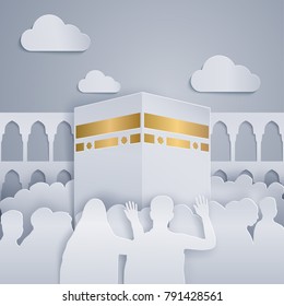 islamic pilgrimage hajj at kaaba meca vector paper cut illustration design