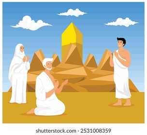 Peregrinación islámica con musulmanes del Hayy haciendo Wukuf significa rezar o permanecer en silencio en Arafah. ilustración moderna de Vector plano 