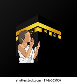 Islamic pilgrimage hajj and umrah background with illustration praying kid