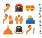 Islamic pilgrimage icons set. Flat vector illustration featuring Kaaba, praying hands, Mount Arafat, mosque, pilgrim, and bus. Cultural, religious, and travel concept.