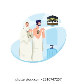 Peregrinación islámica con intención y preparación de ihram ilustración plana