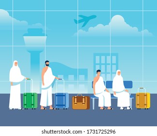 Islamic pilgrims at airport waiting for pilgimage trip to Mecca.