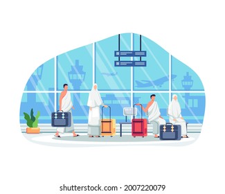 Islamic Pilgrims Waiting For Departure At Airport. Islamic pilgrims at airport waiting for pilgrimage trip to Mecca. Muslims people in hajj mabrur. Vector illustration in a flat style