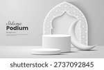 Islamic podium backdrop with moon and arch, suitable for ramadan event posters, religious presentations, traditional islamic designs, and cultural projects.