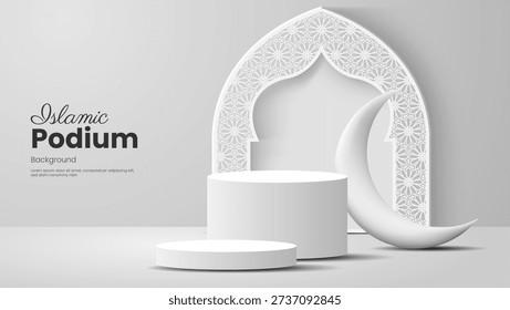 Islamic podium backdrop with moon and arch, suitable for ramadan event posters, religious presentations, traditional islamic designs, and cultural projects.