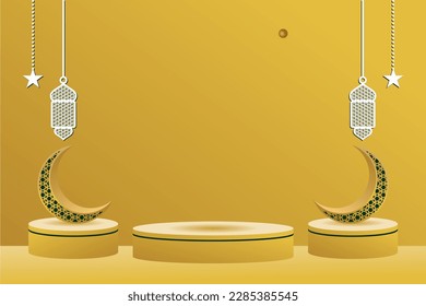 islamic podium background with 3d rendering of crescent moon and arabic lantern. suitable for product advertising promotion marketing, Eid al-Fitr, Ramadan, Eid al-Adha and other Islamic days