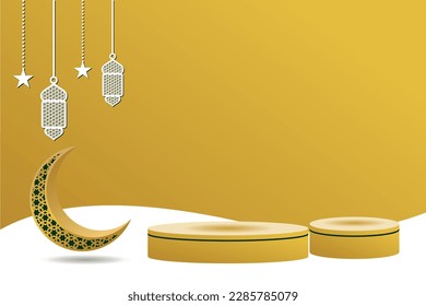 islamic podium background with 3d rendering of crescent moon and arabic lantern. suitable for product advertising promotion marketing, Eid al-Fitr, Ramadan, Eid al-Adha and other Islamic days
