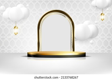islamic podium background with arabesque element on 3d illustration	