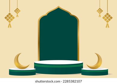 diseño de fondo de podio islámico con renderización 3d de linterna árabe y luna creciente y ketupat. adecuado para la comercialización de productos publicitarios Eid al-Fitr, Ramadán, Eid al-Adha y otros Isl