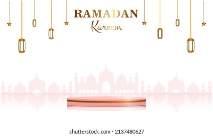 Islamic podium with gold trim and traditional Islamic lanterns hanging stars, mosque silhouette. Horizontal Islamic banner for product showcase, product presentation, cosmetic product, base, ramadhan 