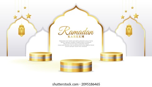 Islamic podium with golden mosque minarets, ramadan kareem 3D background