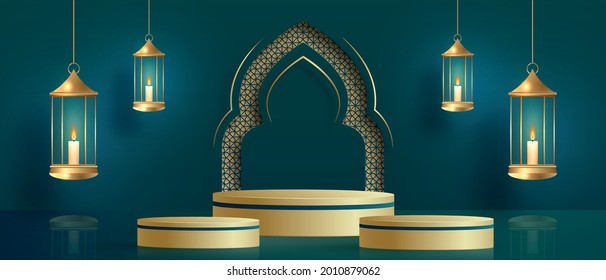 Islamic podium round stage on color backgroung with gold pattern for Eid Mubarak, Ramadan Kareem, Maharram time