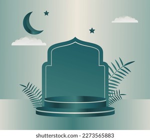 Islamic podium template with ornaments of leaves, clouds, moon and stars, design for product display, presentation, stage for Islamic Holidays. elegant simple color design illustration.