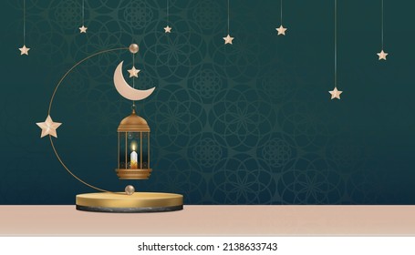 Islamic Podium with Traditional islamic lantern with Crescent moon,Star hanging on green background, Vector Backdrop of Religion of Muslim Symbolic,Eid ul fitr, Ramadan Kareem,Eid al Adha,Eid Mubarak
