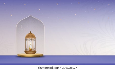 Islamic Podium with Traditional lantern with Crescent moon and Star on purple background, Vector Backdrop banner of Religion of Muslim Symbolic,Eid ul fitr, Ramadan Kareem,Eid al Adha,Eid Mubarak