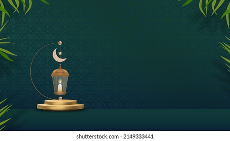 Podium islámico con linterna islámica tradicional con luna creciente sobre el fondo verde del arte lunar, fondo vectorial de la religión simbólica musulmana, Eid ul fitr, Ramadan Kareem, Eid al Adha, Eid Mubarak