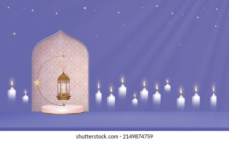 Islamic Podium with Traditional islamic lantern with Crescent moon,Candle and Star on purple background,Vector muslim religions,Eid Mubarak,Ramadan Kareem,Eid al fitr,Eid al Adha, Happy Muharram