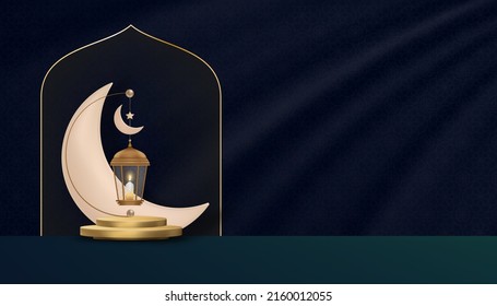 Islamic Podium with Traditional islamic lantern with Crescent moon on drak blue silk background,Vector Backdrop Religion of Muslim Symbolic,Eid ul fitr,Ramadan Kareem,Eid al Adha,Eid Mubarak