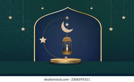 Islamic Podium with Traditional islamic lantern with Crescent moon,Star hanging on green background, Vector Backdrop of Religion of Muslim Symbolic,Eid ul fitr, Ramadan Kareem,Eid al Adha,Eid Mubarak