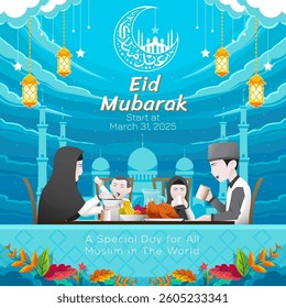 Islamic post design with illustration of family in Eid atmosphere