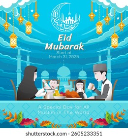 Islamic post design with illustration of family in Eid atmosphere with additional lantern decoration