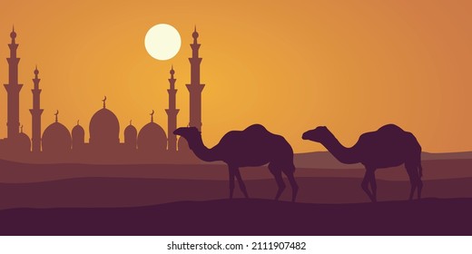 islamic poster, Desert, caravan of camels. Vector illustration.