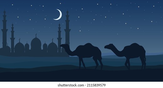 islamic poster, Desert, caravan of camels. Vector illustration.