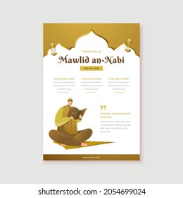 Islamic poster design of Mawlid Nabi or Prophet Muhammad's birthday with a Muslim reading holy Quran concept