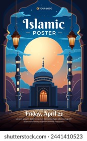 Islamic poster with mosque and lanterns for flyer, social media story and print template