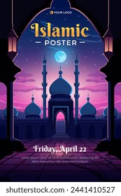 Islamic poster with mosque and moonlight for flyer, social media story and print template