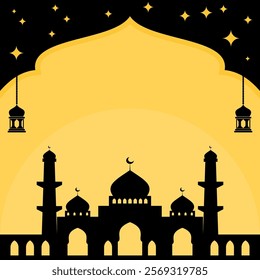 Islamic poster with mosque silhouette and lantern. Free copyspace area design