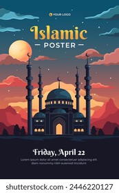 Islamic poster with mosque and sky at sunset for flyer, social media story and print template