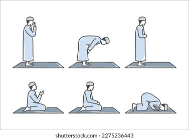Islamic pray movement of solat linear icon set. Collection of Moslem pray icon. Religion linear icon symbol. Vector illustration