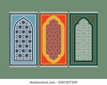 Islamic prayer carpet vector design. Prayer mat pattern tiles. Rug design set