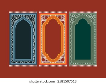 Islamic prayer carpet vector design. Prayer mat pattern tiles. Rug design set