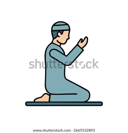 Islamic Prayer Icon. Stylized depiction of a devout individual performing worship. This graphic represents spirituality, faith, and religious observance, ideal for cultural or holiday designs.