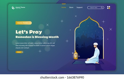 Islamic prayer illustration for Ramadan concept on landing page